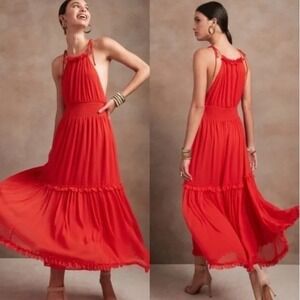 Banana Republic Red Cutaway Ruffle Maxi Dress Smocked Waist XS 789696